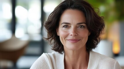 close-up portrait of a confident middle-aged businesswoman in a modern office setting, smiling warmly at the camera, exuding professionalism and satisfaction with her achievements