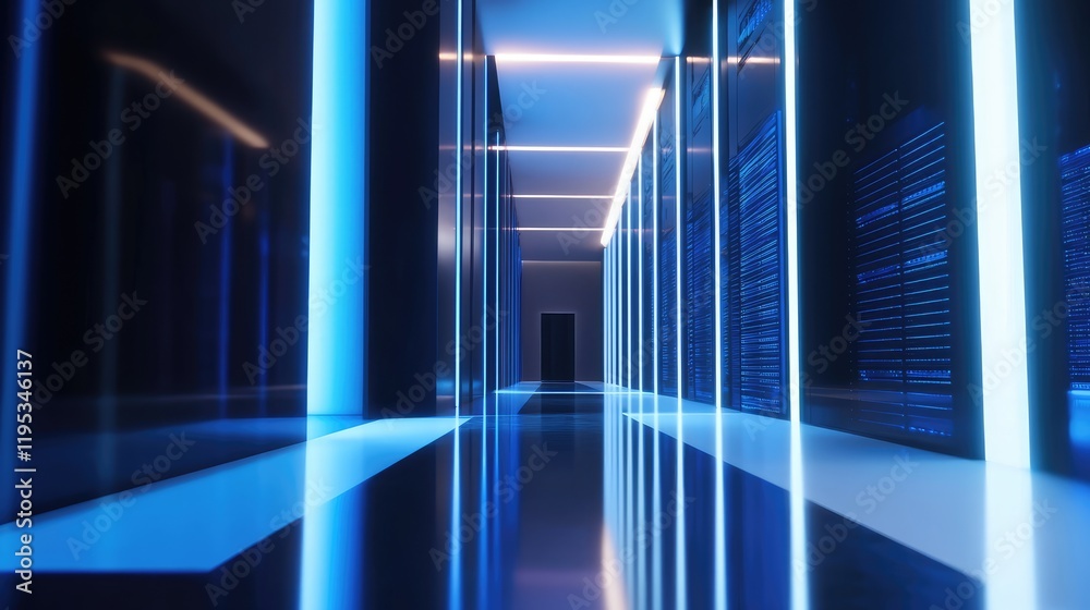 Poster Modern data center interior with blue neon lights, a computer prism, and a corridor leading to rows of large server cabinets. Perfect for cloud computing and digital storage service visuals