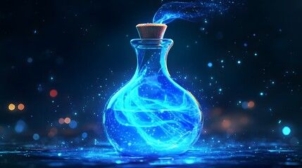 A vibrant mana potion icon in a glowing blue flask with swirling liquid and sparkles used in fantasy game interfaces.