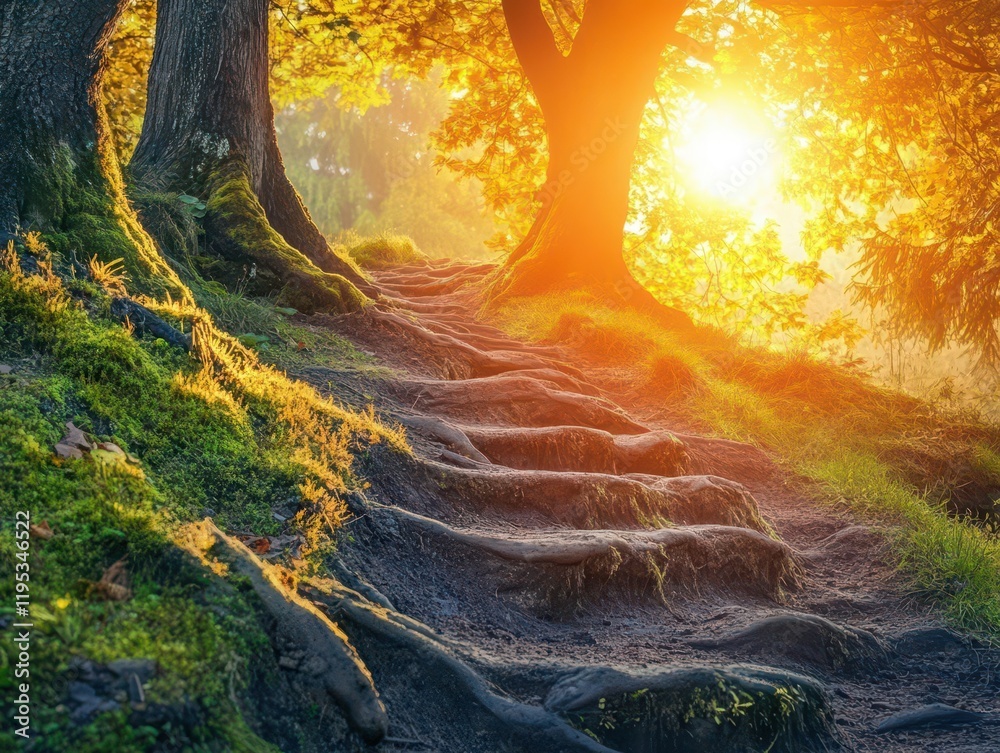 Wall mural enchanted forest path through ancient trees with golden sunbeams creating magical atmosphere while m