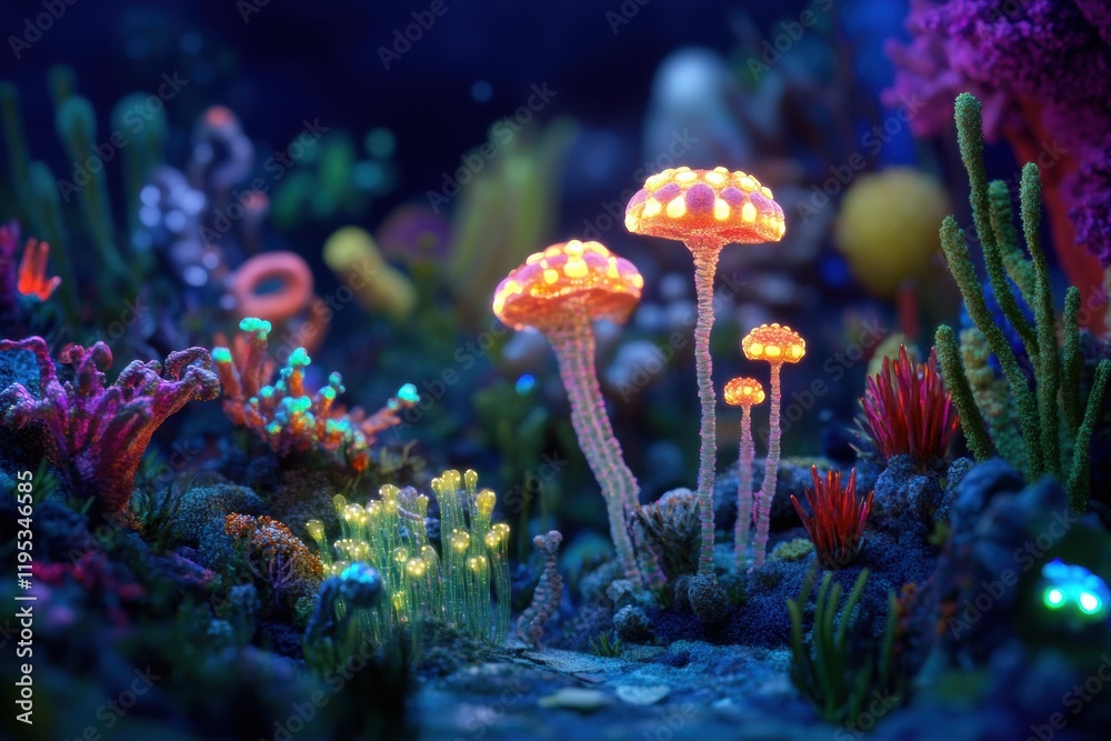 Aufkleber explore a vibrant microscopic ecosystem filled with glowing microbes and enchanting flora. generativ