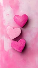 Fototapeta premium Three Artistic Hearts on a Soft Pink Background for Valentine's Day