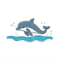 Obraz premium Cartoon dolphin leaping ocean wave, white background, children's book illustration