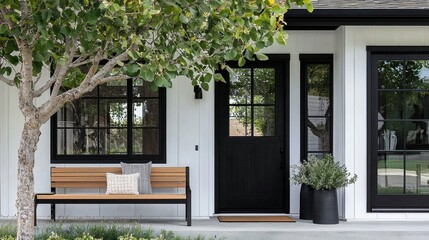 Charming modern farmhouse front porch featuring a sleek black door.