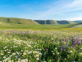 Fototapeta premium enchanted spring meadow panoramic nature landscape with blooming wildflowers, morning sunlight and rolling hills under blue sky