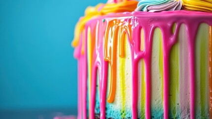 colorful icing drips down the side of a cake, creating a vivid, textured surface that conveys a sense of indulgence and sweetness in a mouthwatering visual