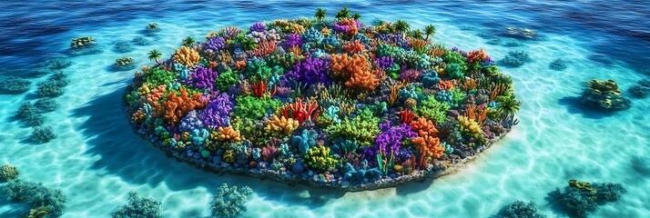 A vibrant coral island surrounded by shallow aquamarine reefs teeming with colorful marine life