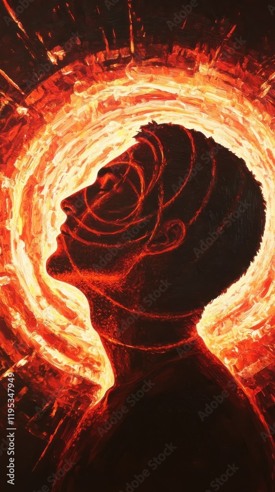 Poster Vibrant profile of a man glowing with energy in a captivating swirling backdrop