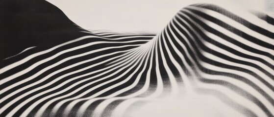 Striking black and white patterns create a surreal landscape with flowing lines and curves
