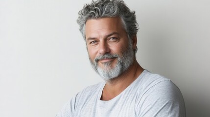 Obraz premium confident middle-aged man with a well-groomed beard and gray hair, wearing a casual t-shirt, striking a pose against a clean white background, exuding charisma and maturity in his expression