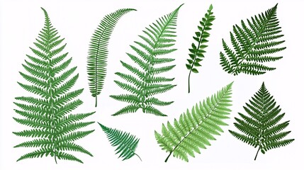 vector drawing of fern leaves from different species, with unique shapes and fronds, set against a pure white background for a minimalist look. [Fern leaves]:[isolate on white background.Illustrations