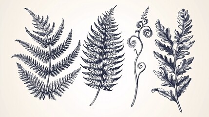 Fototapeta premium illustration of various fern fronds, each with its distinct pattern and curvature, isolated on a white backdrop for an elegant presentation. [Fern leaves]:[isolate on white background.Illustrations] 