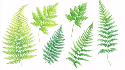 illustration of several fern leaves, with varying shades of green and detailed vein patterns, isolated on a white background. [Fern leaves]:[isolate on white background.Illustrations] 