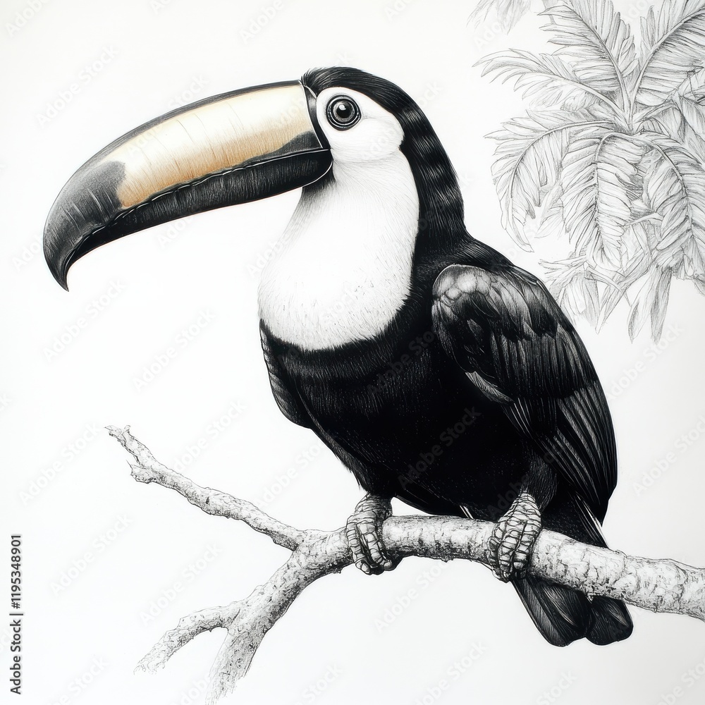 Poster colorful toucan perched on a branch showcasing its large beak in a lush tropical setting