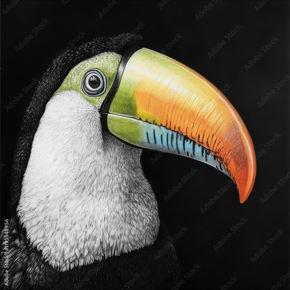 Poster brightly colored toucan showcasing its vibrant beak against a dark background in captivating detail