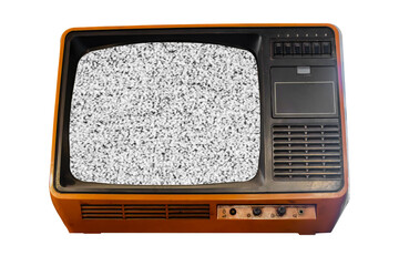 Old vintage orange TV set televisor isolated on white background with no signal television grainy...