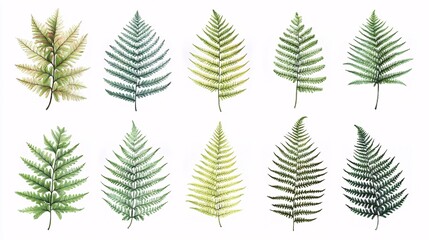 pastel-colored illustration of diverse fern leaves, each with unique textures and shapes, isolated on a simple white background. [Fern leaves]:[isolate on white background.Illustrations] 