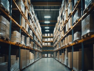Fototapeta premium expansive warehouse filled with neatly organized shelves, showcasing an efficient logistics system with boxes ready for inventory control and order fulfillment