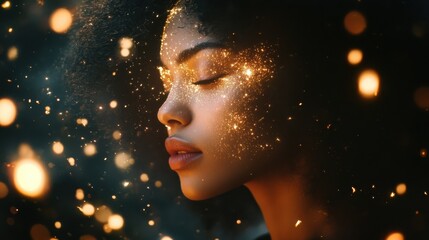 Woman glowing with cosmic light surrounded by sparkling particles in a mystical setting at night