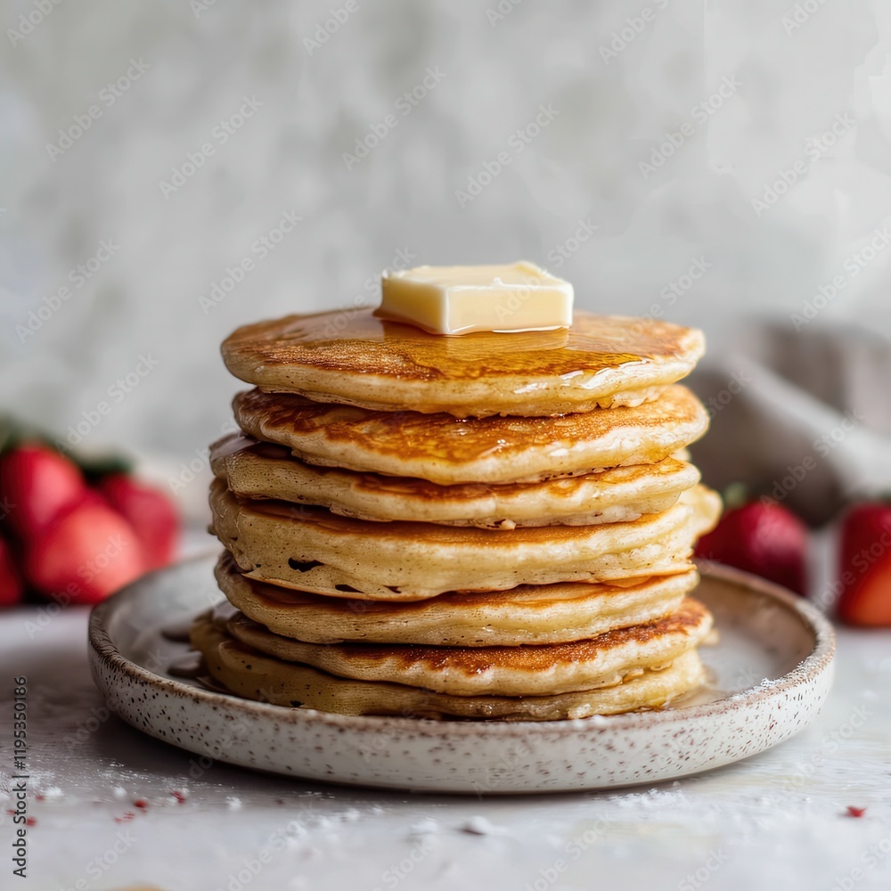 Poster Stack of fluffy buttermilk pancakes topped with a slice of butter and drizzled with syrup, ready for breakfast