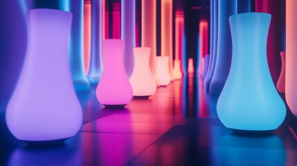 A visually stunning AI-generated art exhibit featuring glowing interactive digital sculptures in a futuristic gallery.