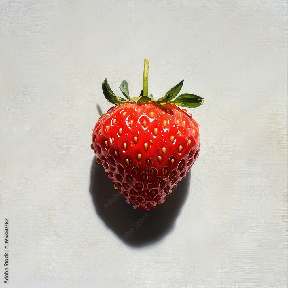Poster ripe strawberry with dew drops rests on a smooth surface, showcasing its vibrant color and texture