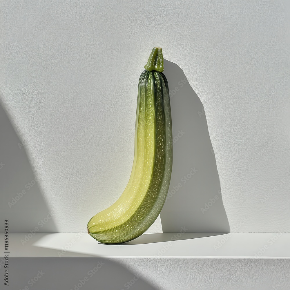 Poster fresh zucchini with smooth green skin placed on a shelf against a minimalistic background