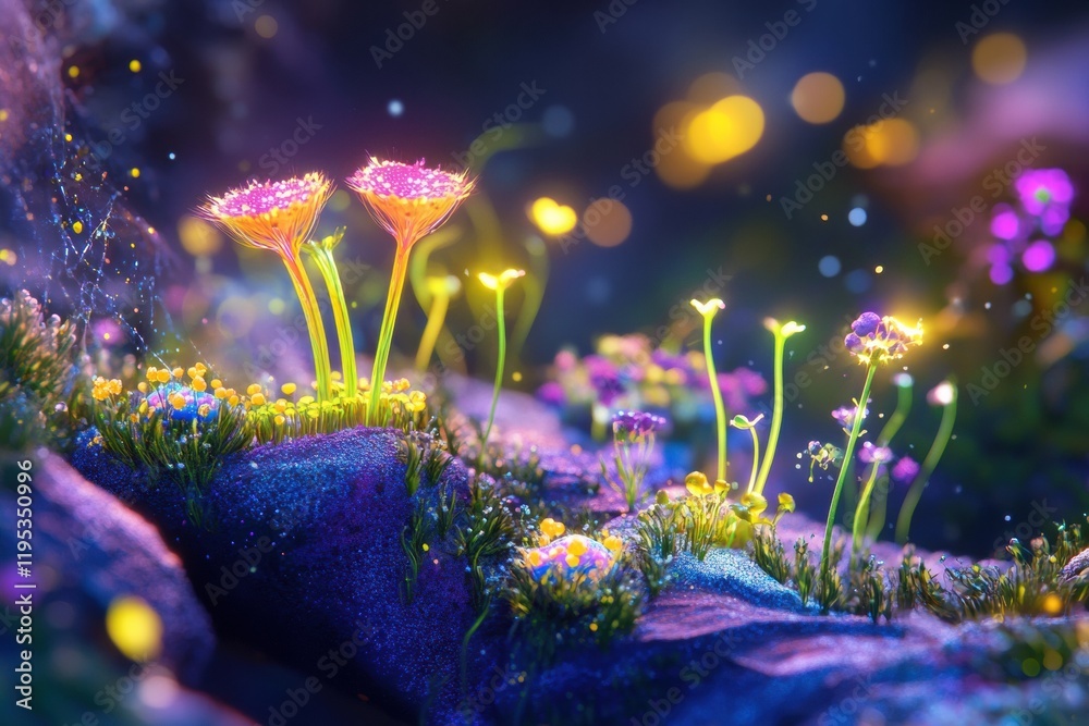 Poster explore a vibrant magical microscopic ecosystem full of friendly microbes and blooming plants in a f