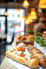 Fresh Caprese Baguette with Tomato, Basil, and Mozzarella Served on a Wooden Counter in a Cozy Café Setting