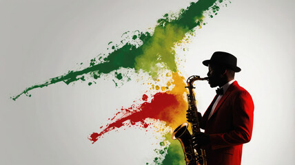 African-American saxophonist playing on a white background. Dark-skinned jazz musician