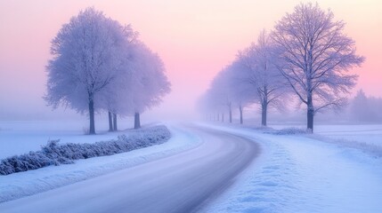 Obraz premium Snowy road winding through frosty trees at dawn.