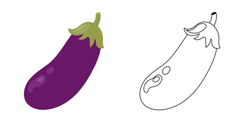 Eggplant, coloring page. Vector illustration of vegetables for kids. Children's coloring book with a color example. Outline.