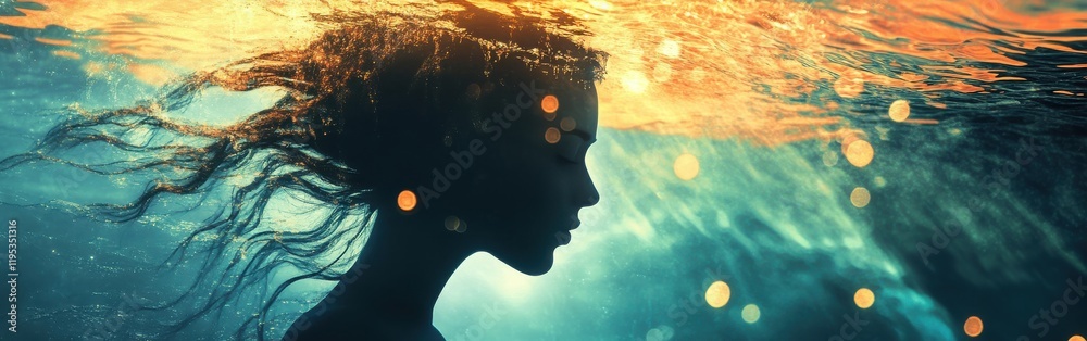Poster serene portrait of a glowing woman seen underwater creating an enchanting atmosphere of light and be