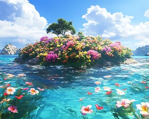 A vibrant tropical island covered in flowers and surrounded by sparkling turquoise waters