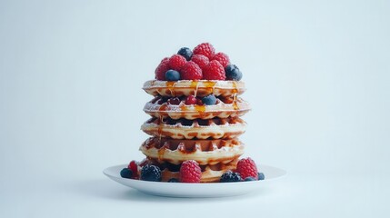 deliciously stacked waffles topped with fresh berries and drizzled syrup, presented against a pristine white background for a mouth-watering appeal