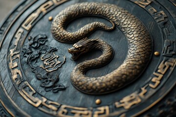 Obraz premium Ornate carved dragon, circular dark wood plaque.