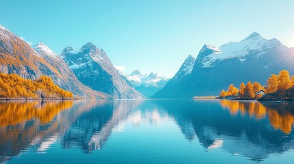 A breathtaking view of a serene lake surrounded by majestic mountains, reflecting the vibrant autumn colors and clear blue sky.