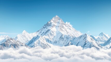 Obraz premium A breathtaking view of a snow-capped mountain peak emerging from fluffy white clouds under a clear blue sky, evoking a sense of tranquility and wonder.