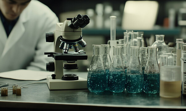 Scientist using a microscope in a laboratory setting, surrounded by various beakers and flasks filled with teal liquid.  A focus on scientific research and discovery.
