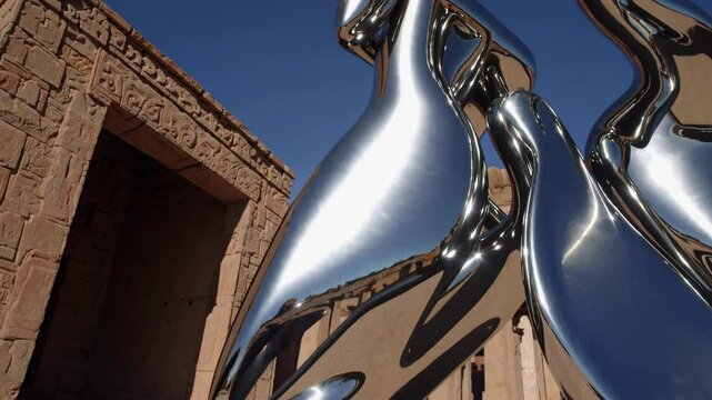 Brilliant sunlight glistening on polished chrome sculpture, contrasting sharply against weathered stone walls of iconic hatshepsut mortuary temple in luxor's arid landscape