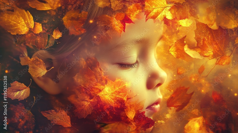 Aufkleber child's face illuminated by glowing autumn leaves in a dreamlike forest setting