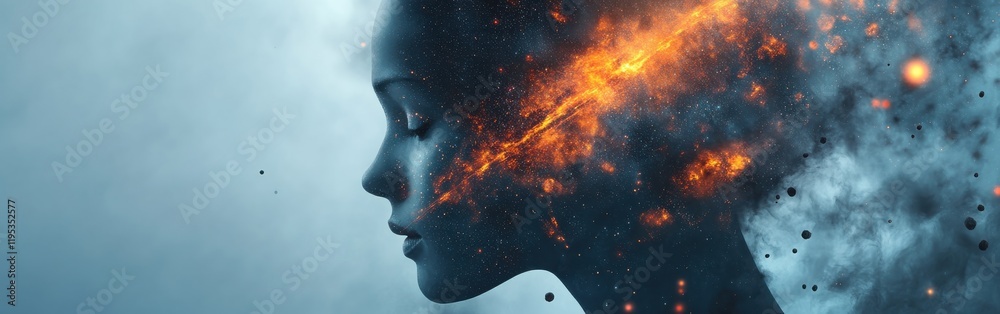 Poster Mystical profile of a man with a fiery and ethereal aura representing thoughts and dreams
