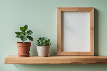 Simple and modern interior featuring a mockup photo frame on a wooden table, accompanied by a decorative plant in a trendy white pot. Set against grey walls, this setup highlights a chic and botanical