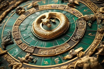 Obraz premium Ornate circular disc; gold serpent, green gemstone, zodiac symbols.