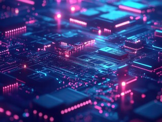 Obraz premium futuristic circuit board pattern with glowing digital elements, modern technology background for ai and computing themes in blue tones
