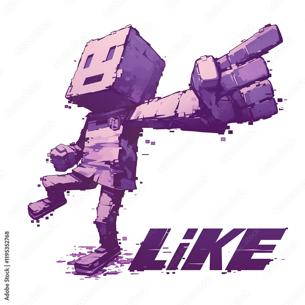 Poster pixelated character with blocky design gives thumbs up gesture, symbolizing like in digital style. character is in shades of indigo, adding modern and playful touch