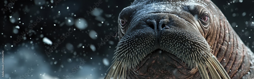 Poster macro shot reveals intricate features of a walrus face amidst a snowy background