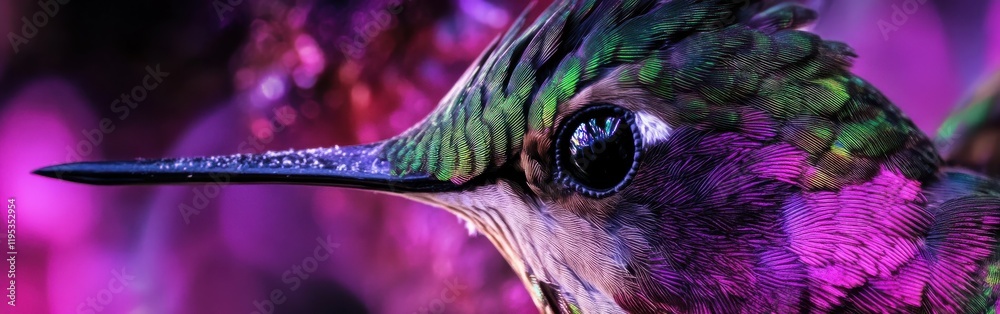 Poster close-up view of a hummingbird showcasing its vibrant feathers and intricate facial details in natur