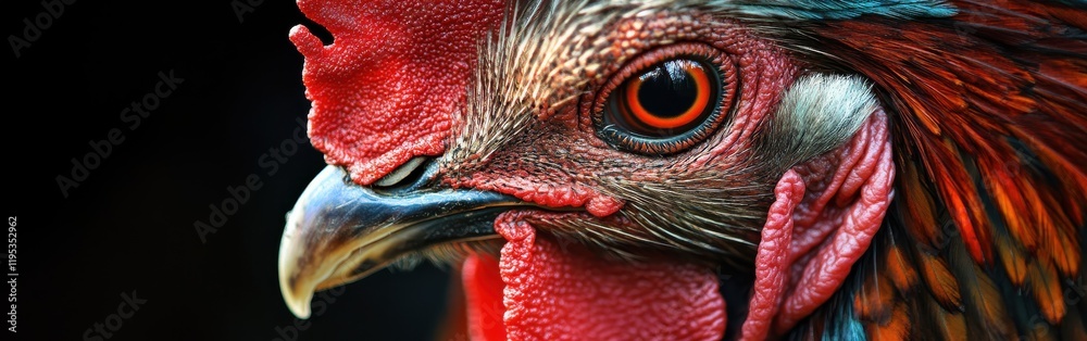 Poster close-up of a rooster's face showcasing vibrant colors and intricate details highlighting its featur
