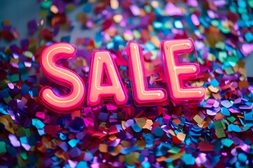 Fototapeta premium Sale, neon lettering surrounded by colorful confetti.